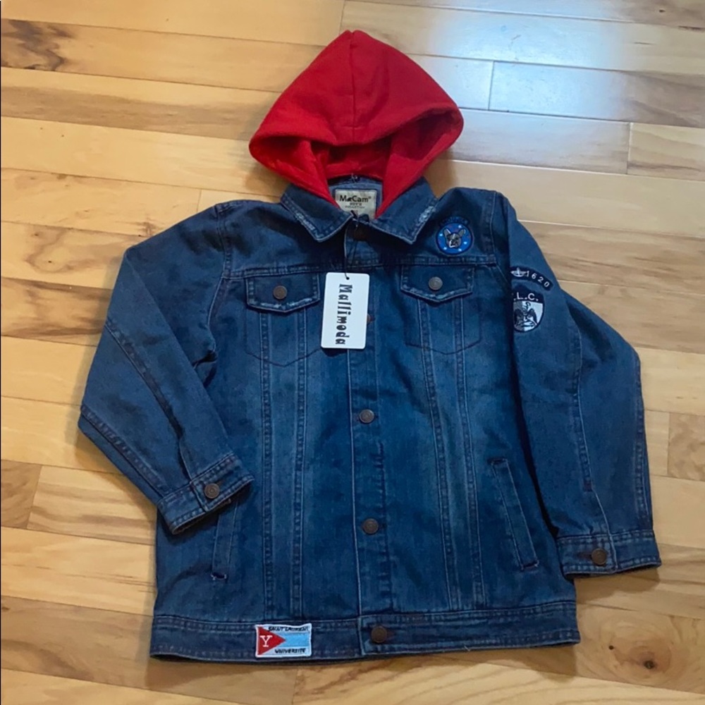 NWT Mallimoda Boys 9-10 Jean Jacket patches &hood